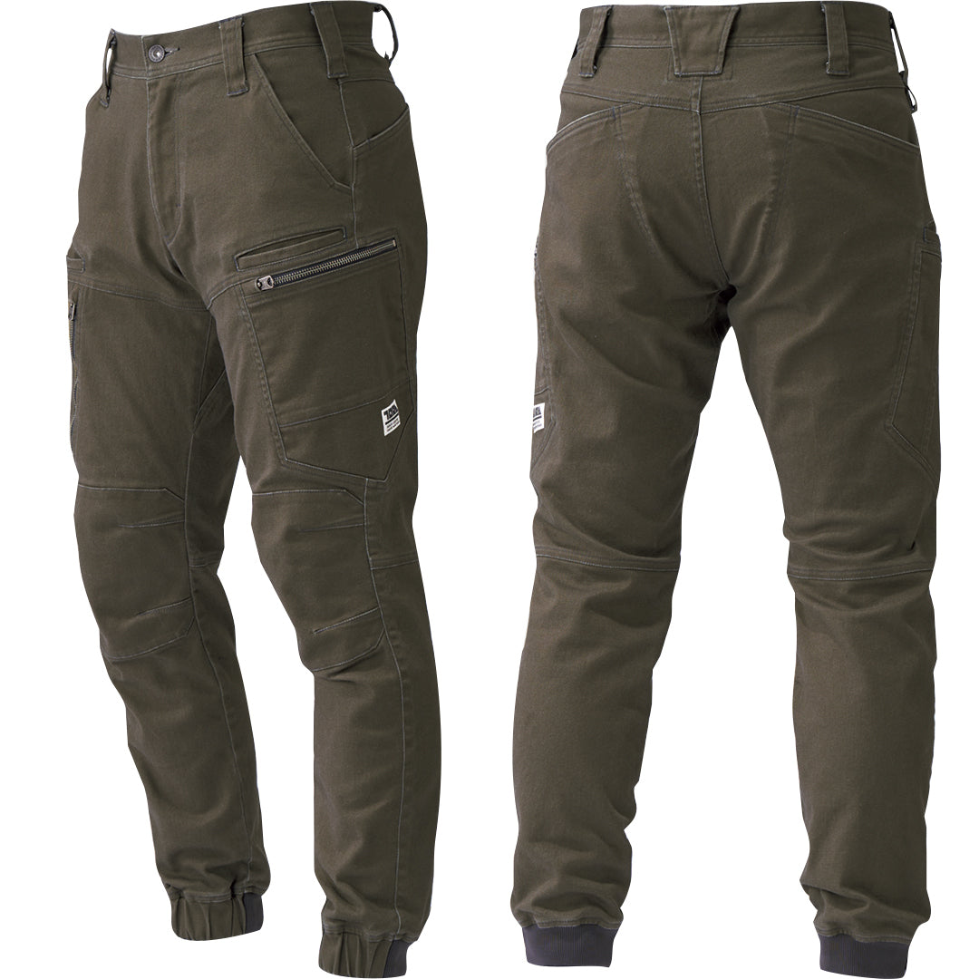3620-235 Cargo Jogger Pants — front and back full view in dark khaki showing stretch fit and tapered ankle design