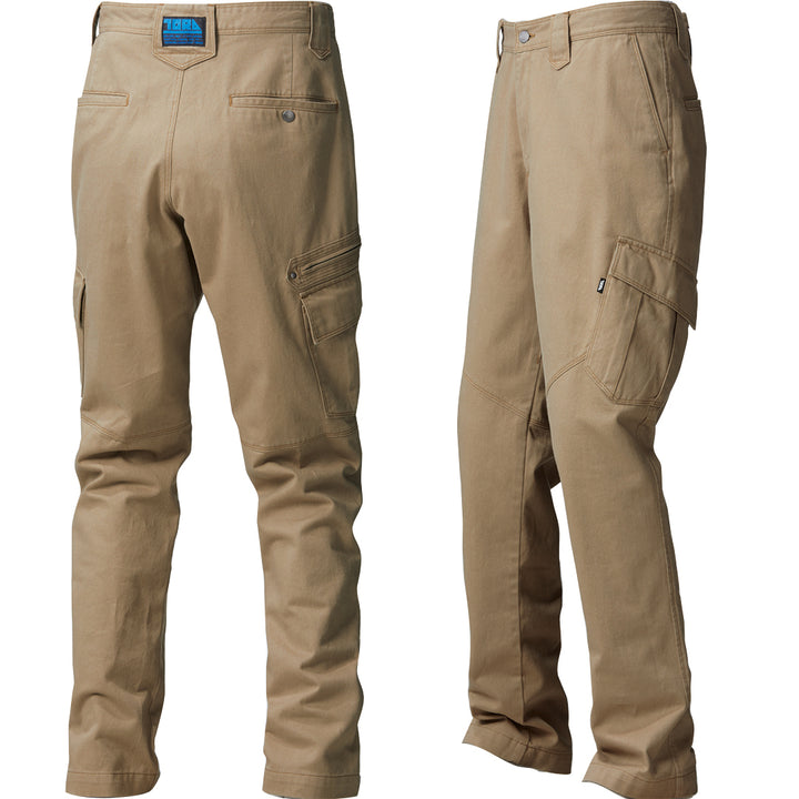 Model demonstrating the full outfit with Toraichi cargo trousers in white and matching work shirt for cohesive workwear styling.