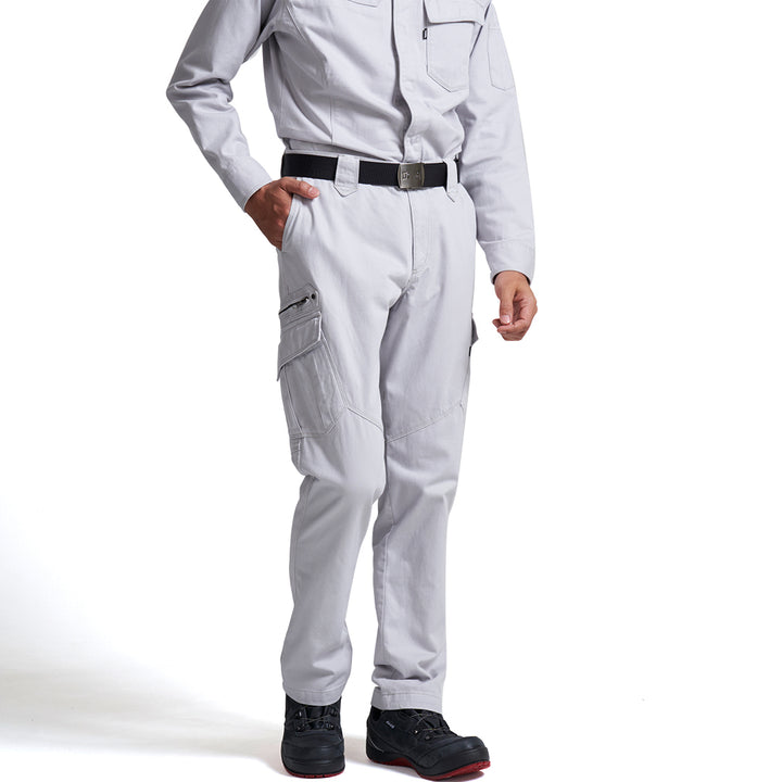 The Toraichi Japanese workwear 3922-219 cargo pants in silver showing a straight-leg silhouette and classic utility pocket design.
