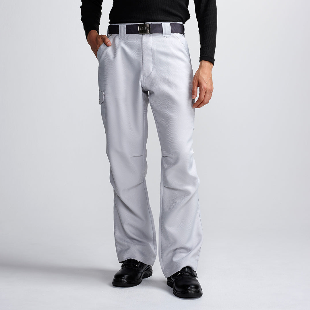 The Toraichi Japanese workwear 7460-219 cargo pants in silver showing a straight-leg silhouette and smooth polyester cubic dobby texture.