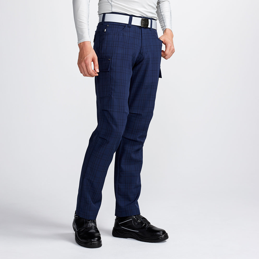 The Toraichi Japanese workwear 7560-219 plaid cargo pants in navy showing a tailored straight-leg silhouette with check-pattern polyester fabric.