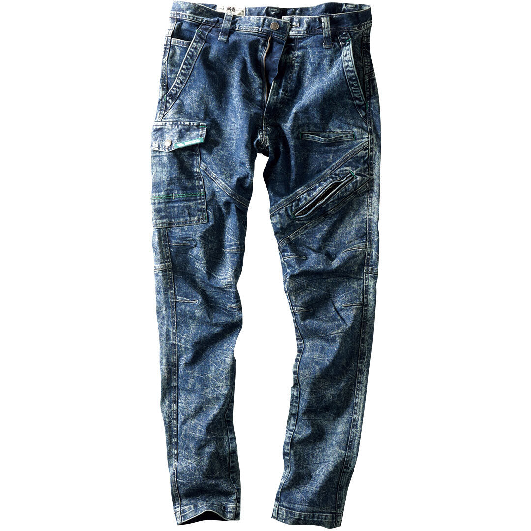 The Toraichi Japanese workwear 8920-219 denim cargo pants in indigo blue showing a rugged washed finish and multi-pocket utility design.