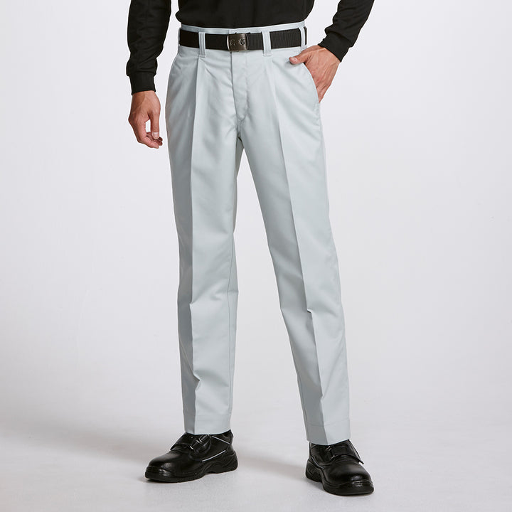 Front view of Toraichi Japanese workwear pants (one-tuck slacks) in light grey, paired with black shoes