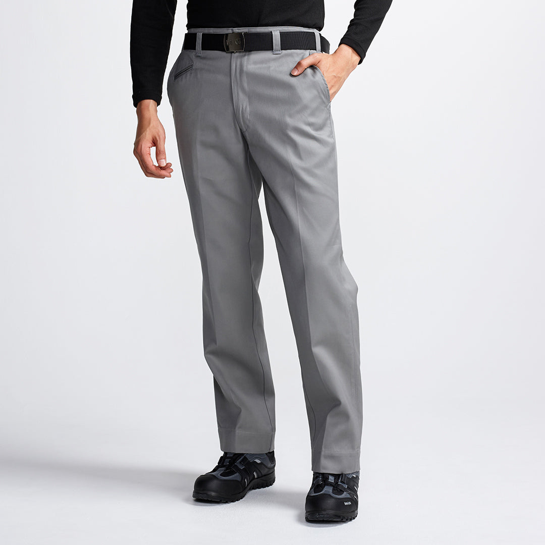 The Toraichi Japanese workwear straight-leg trousers in silver grey, showcasing a clean front crease and ergonomic tobi workwear silhouette designed for professional mobility.