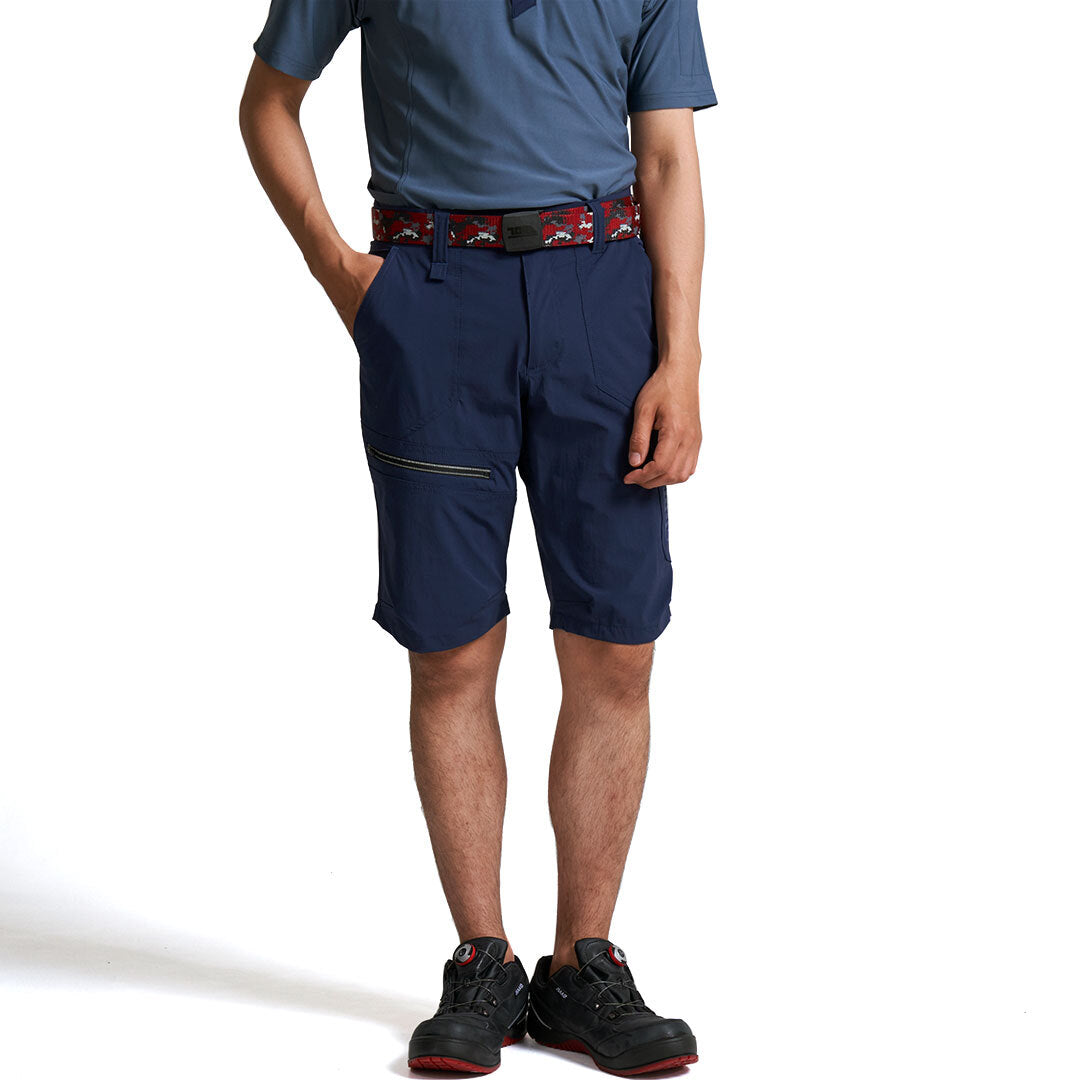 The Toraichi Japanese workwear 9334-241 cargo half pants in navy showing a lightweight stretch fabric and clean above-knee silhouette.