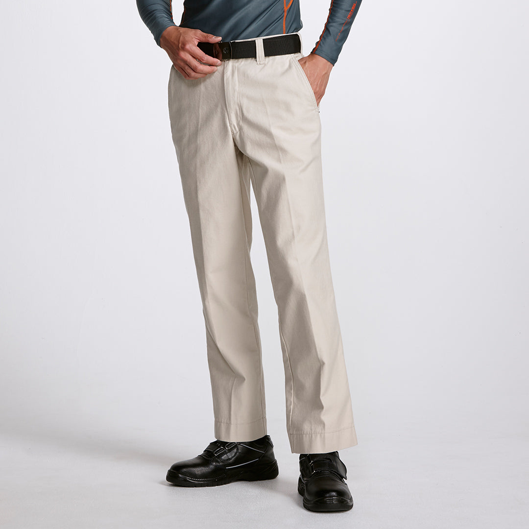 The Toraichi Japanese workwear beige trousers shown in a clean front view, highlighting the straight-leg silhouette and sturdy cotton construction.