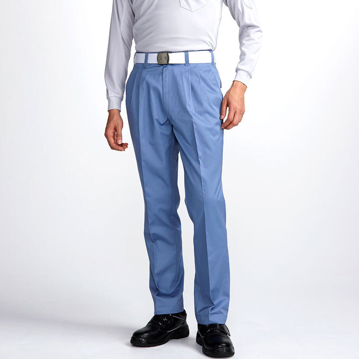 Modern Japanese workwear blue-grey two-tuck pants, front view