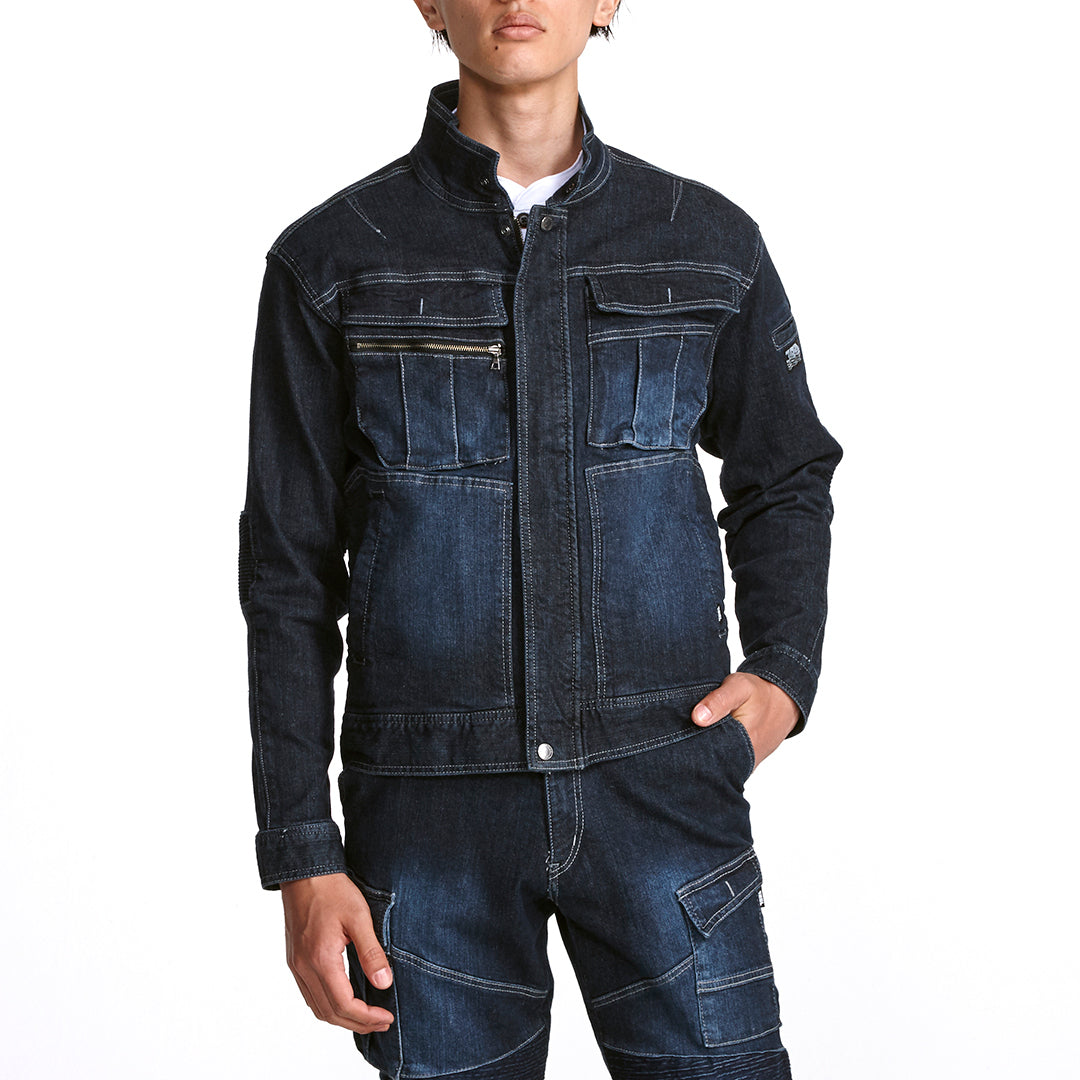 front view of toraichi denim bellows riders jacket in deep indigo color
