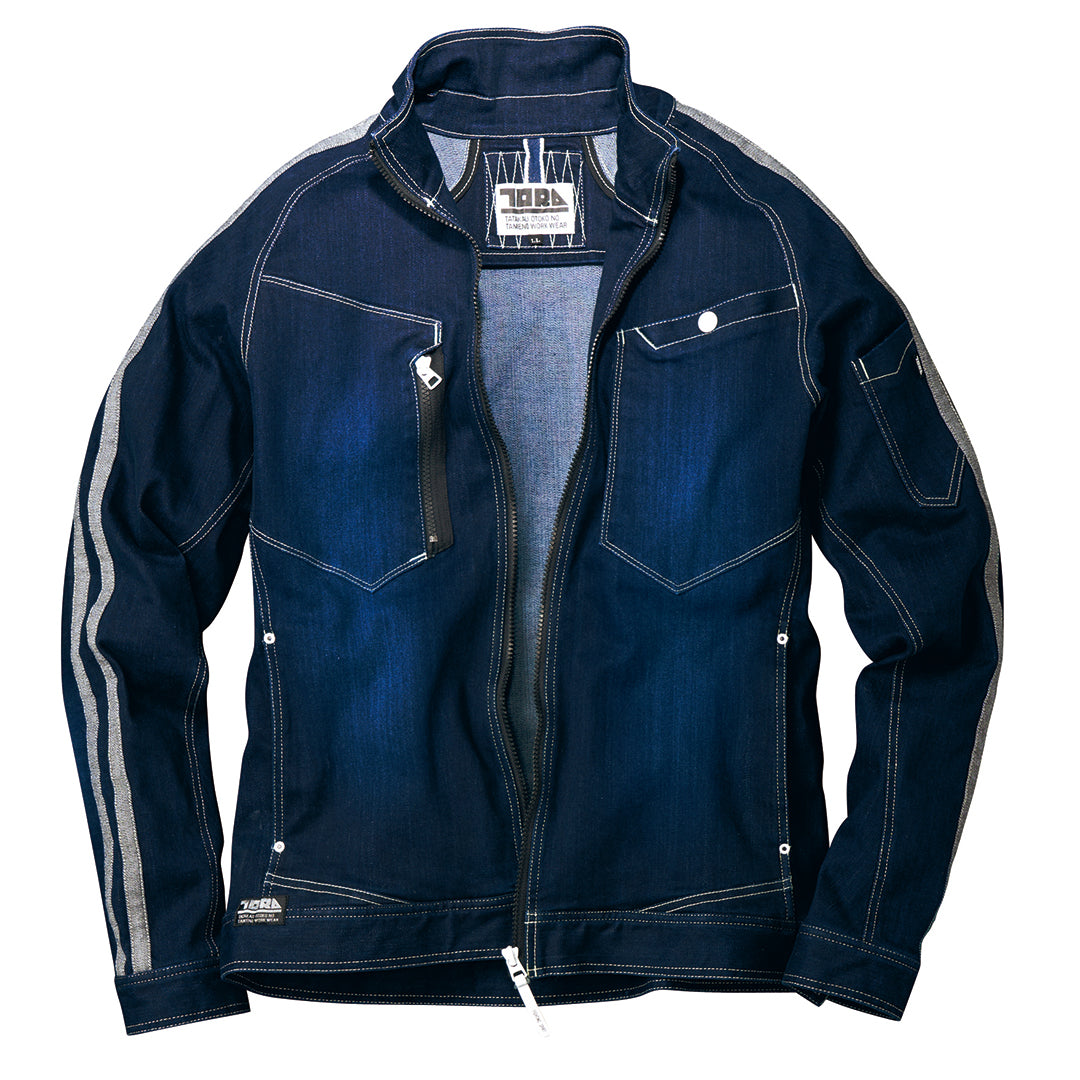 denim work jacket front view with sporty reflective line design