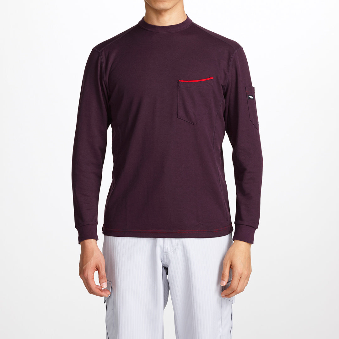 The Toraichi Japanese workwear 5960-617 long sleeve crew neck T-shirt in dark purple showing a clean, structured silhouette with a red trim chest pocket accent.