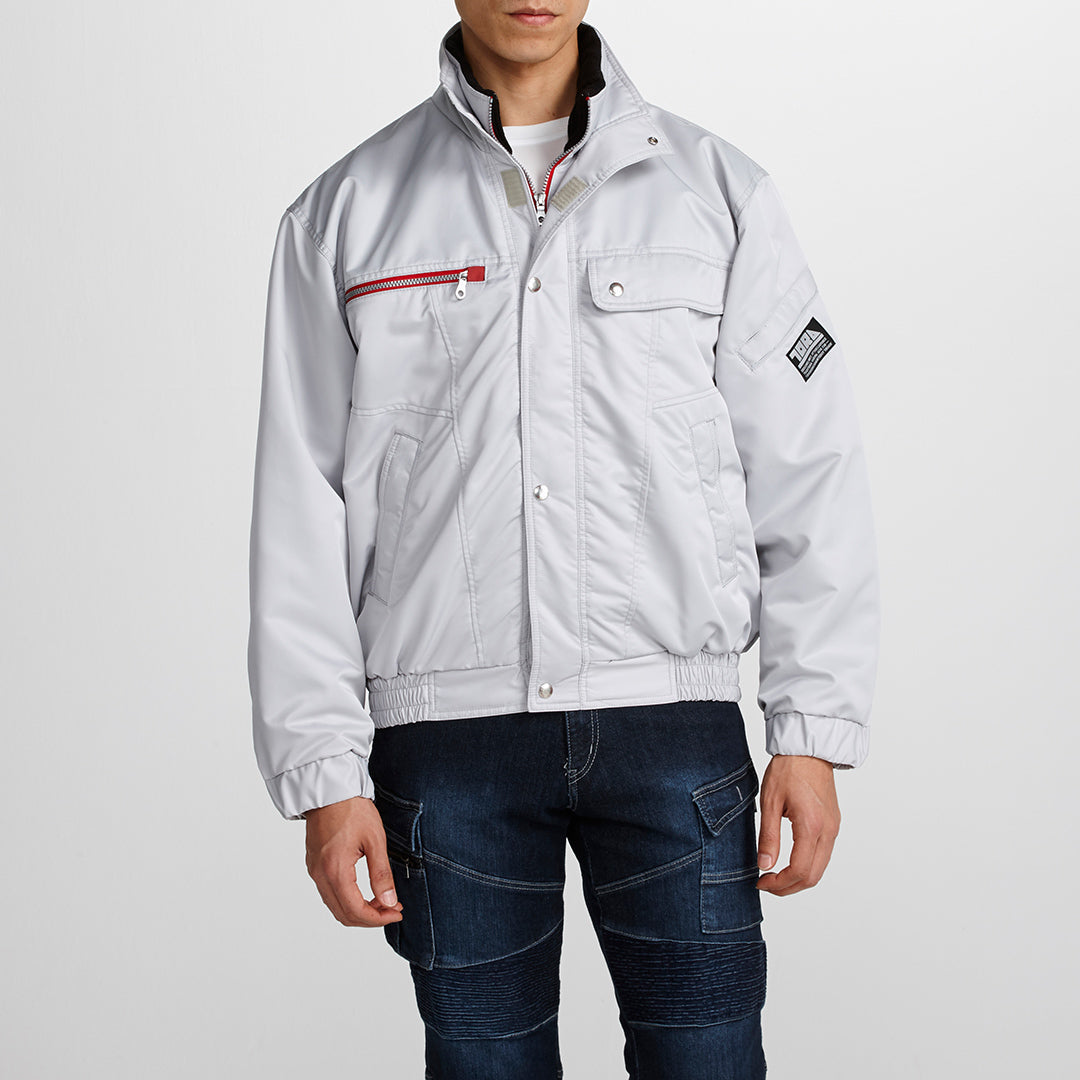 Front view of the Toraichi 3260-129 Cold Weather Tobi Jacket in silver, styled as part of Japanese workwear.