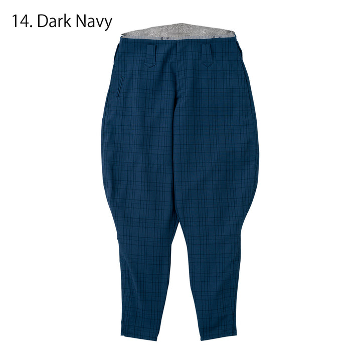 Toraichi tobi pants with checkered navy design and horse riding silhouette