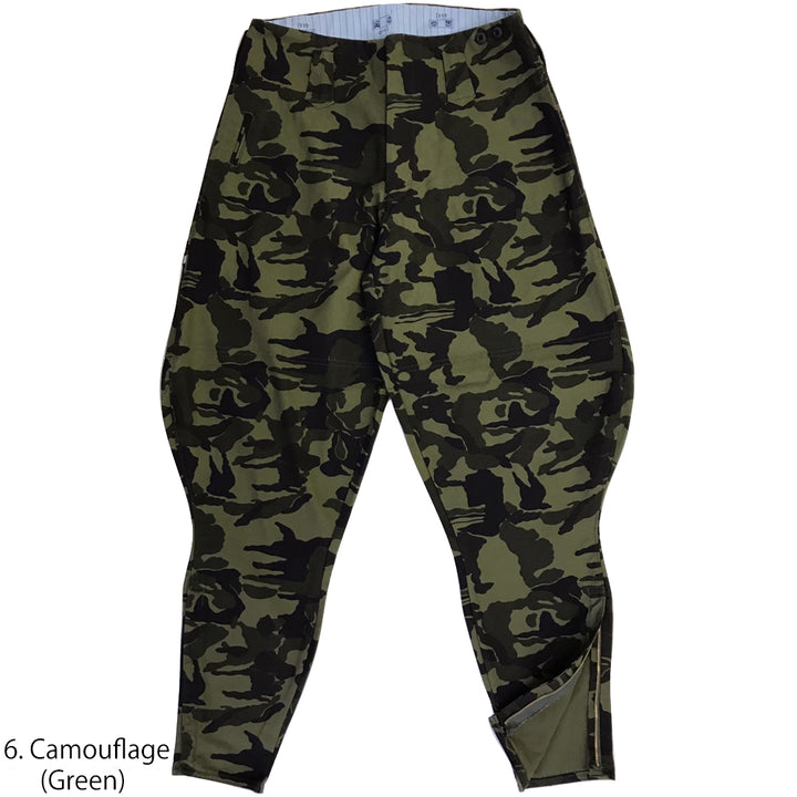 Front view of Toraichi tobi pants in camouflage green pattern