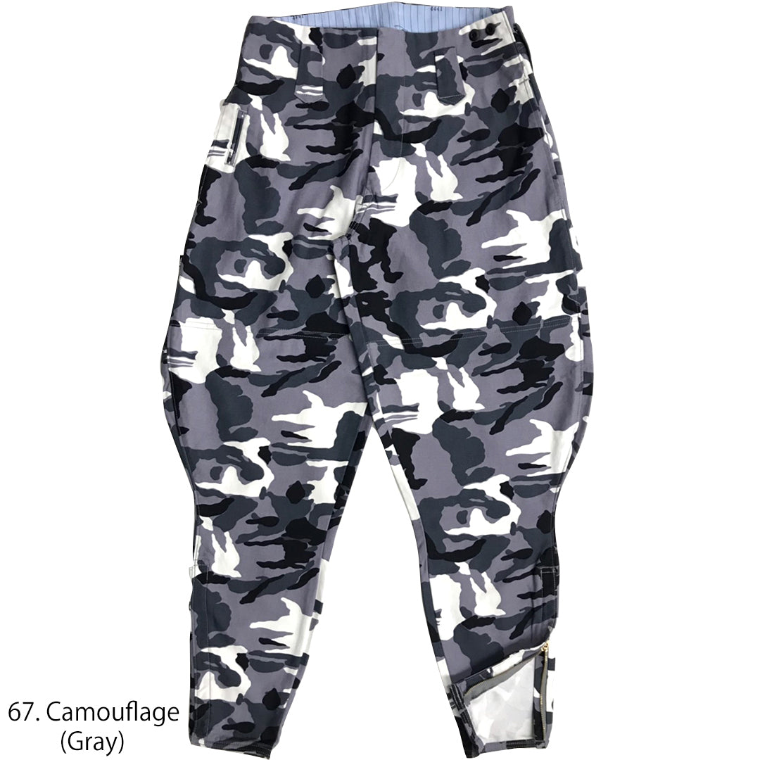 Toraichi camouflage gray tobi pants front view showing curved silhouette