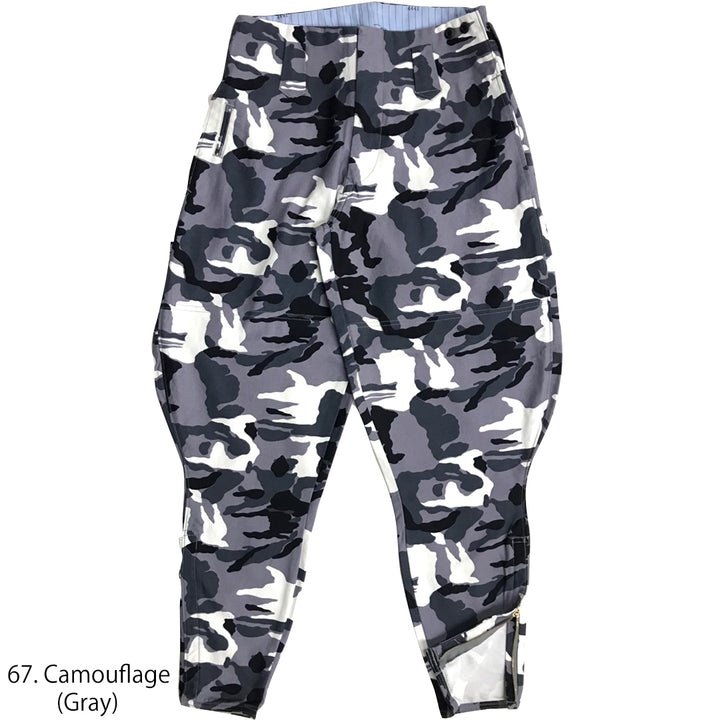 Toraichi camouflage gray tobi pants front view showing curved silhouette
