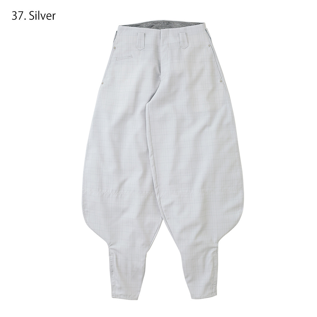 Rear angle of Japanese hachibu pants with subtle check pattern