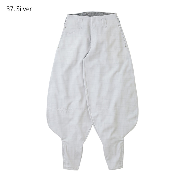 Rear angle of Japanese hachibu pants with subtle check pattern