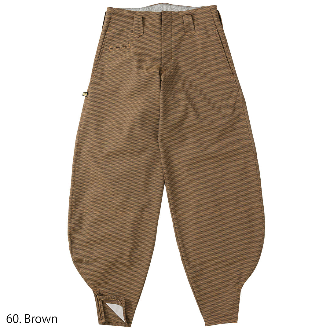 Brown Japanese work pants with textured pattern, shown side-on
