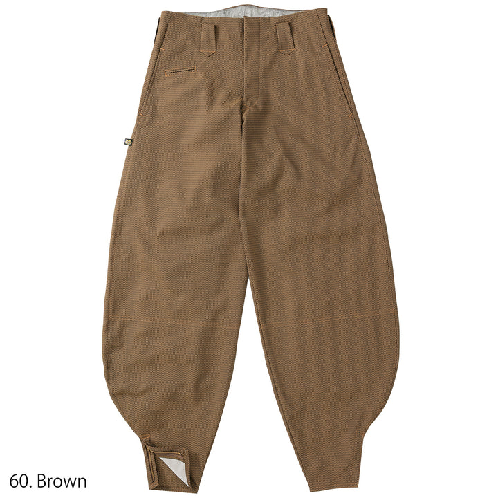 Brown Japanese work pants with textured pattern, shown side-on