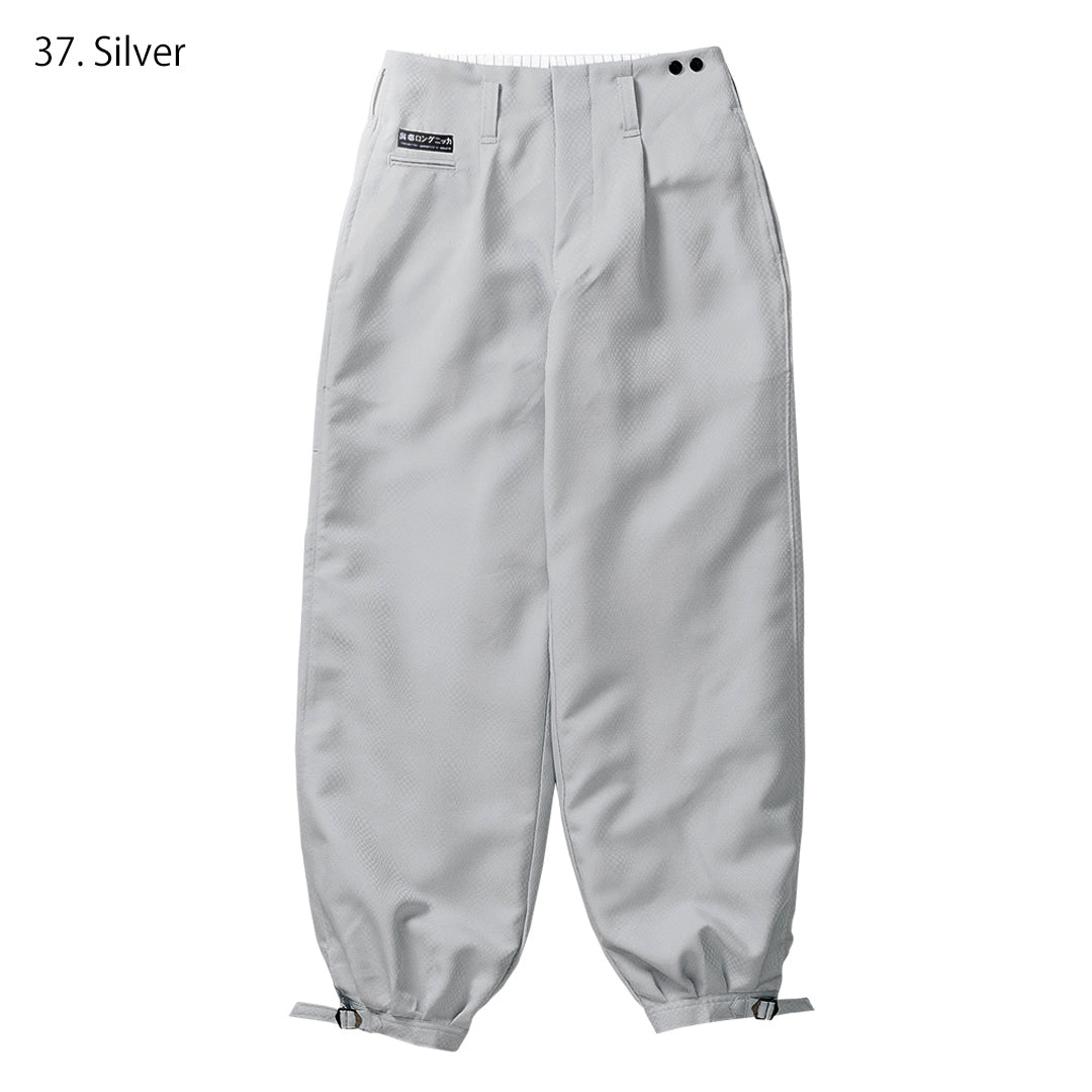 Side profile of Long Nikka trousers with relaxed tobi pants fit