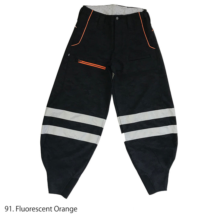 Back view of black Toraichi tobi pants featuring fluorescent orange zipper pocket