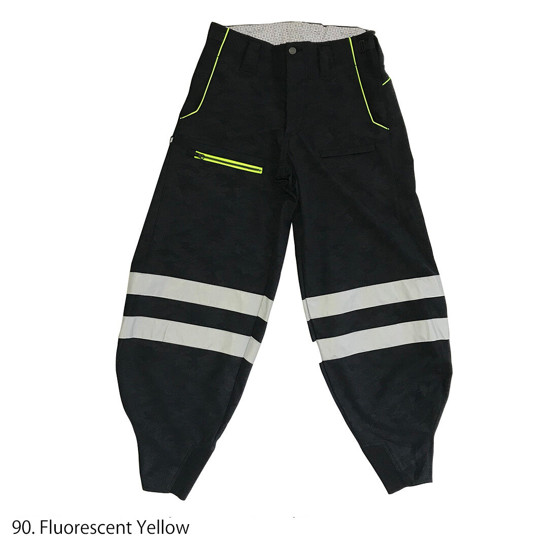 Back view of black Toraichi tobi pants featuring fluorescent yellow zipper pocket