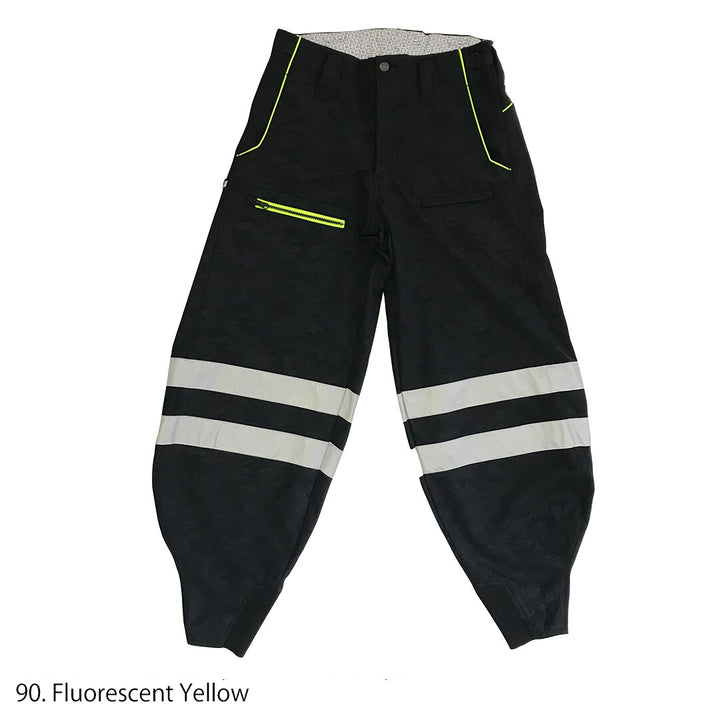 Back view of black Toraichi tobi pants featuring fluorescent yellow zipper pocket