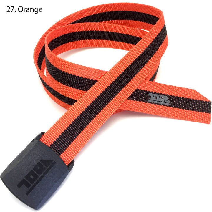 Close-up of Toraichi antistatic GI belt in orange and black stripe design
