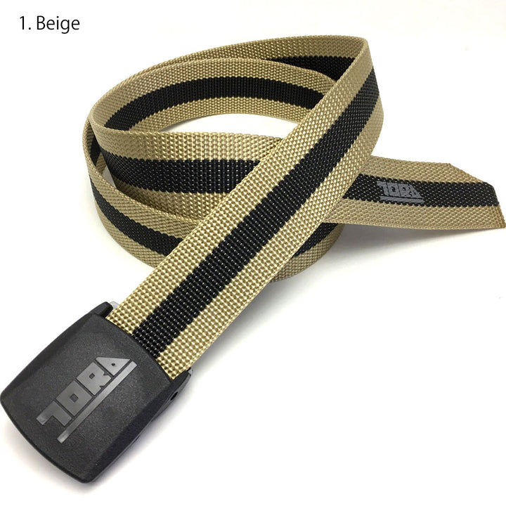 Toraichi antistatic GI belt in beige and black two-tone stripe pattern with plastic buckle