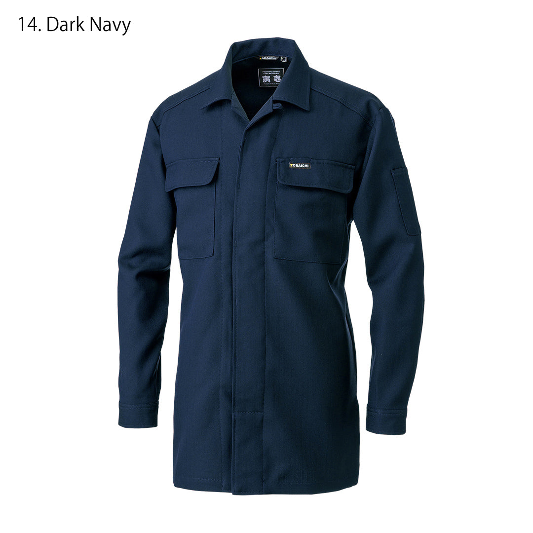 Collar close-up highlighting structured neckline and concealed fly-front finish