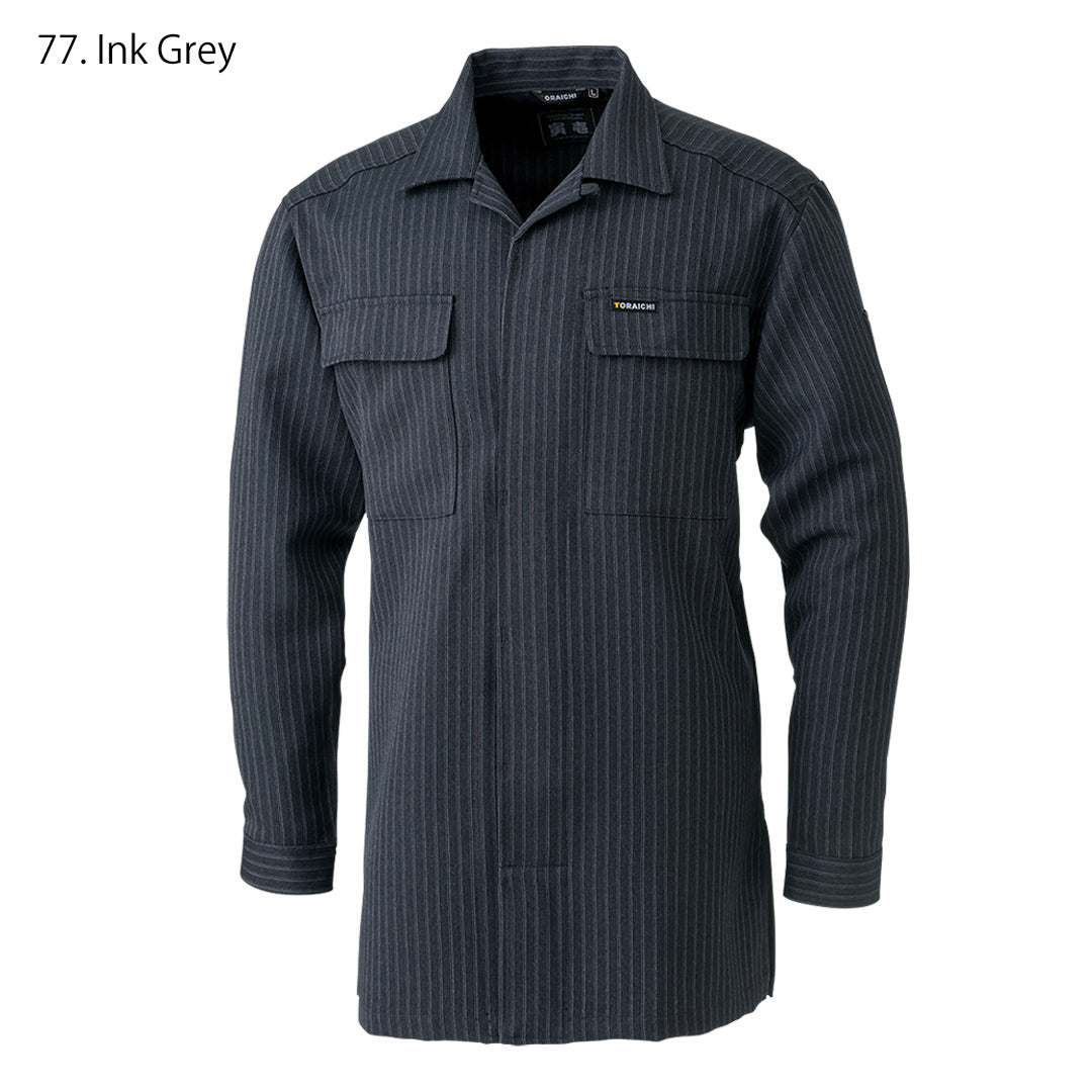 Front view of Toraichi tobi shirt in pinstripe polyester fabric with concealed fly-front design