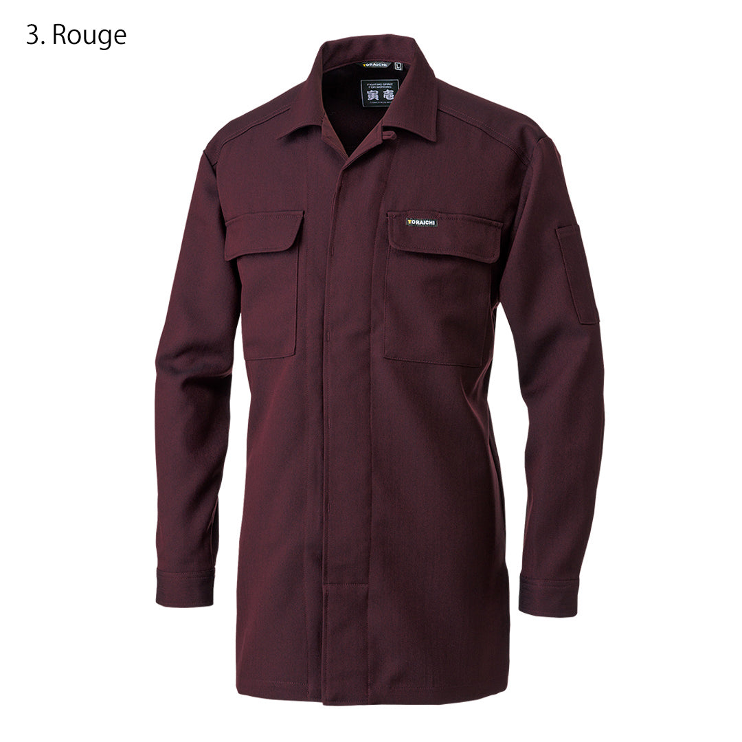 Front view of Toraichi tobi shirt in rouge red pinstripe polyester fabric with concealed fly-front design