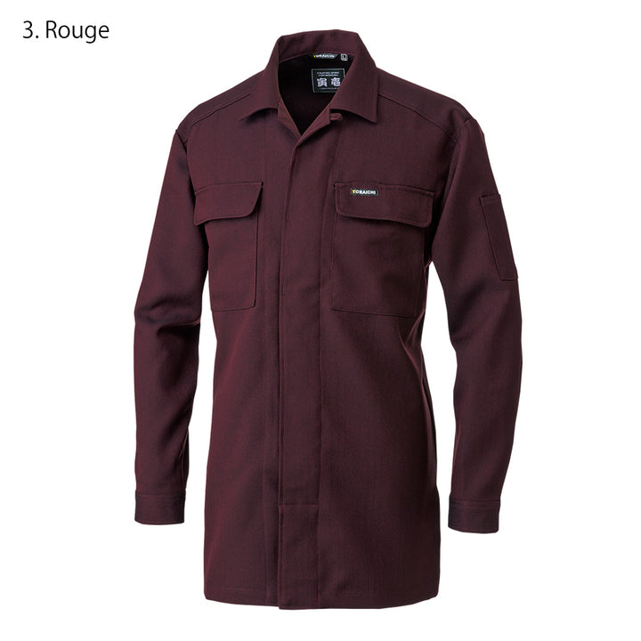 Front view of Toraichi tobi shirt in rouge red pinstripe polyester fabric with concealed fly-front design