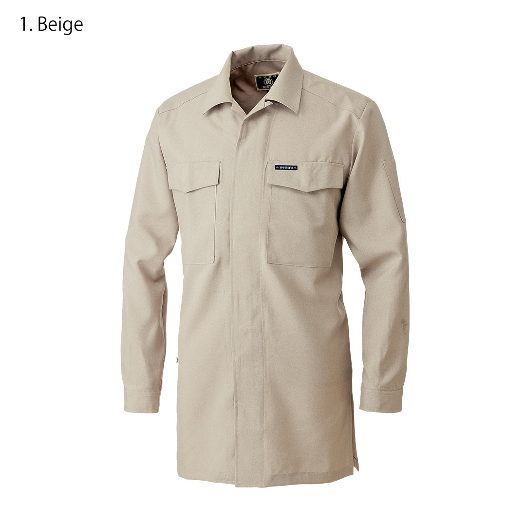 Front view of beige Toraichi 8021-143 hiyoku fly-front open shirt showing long silhouette and dual chest pockets