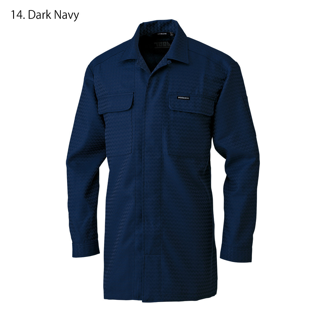 Dark navy Toraichi 7260-143 hiyoku fly front open shirt displayed on white background