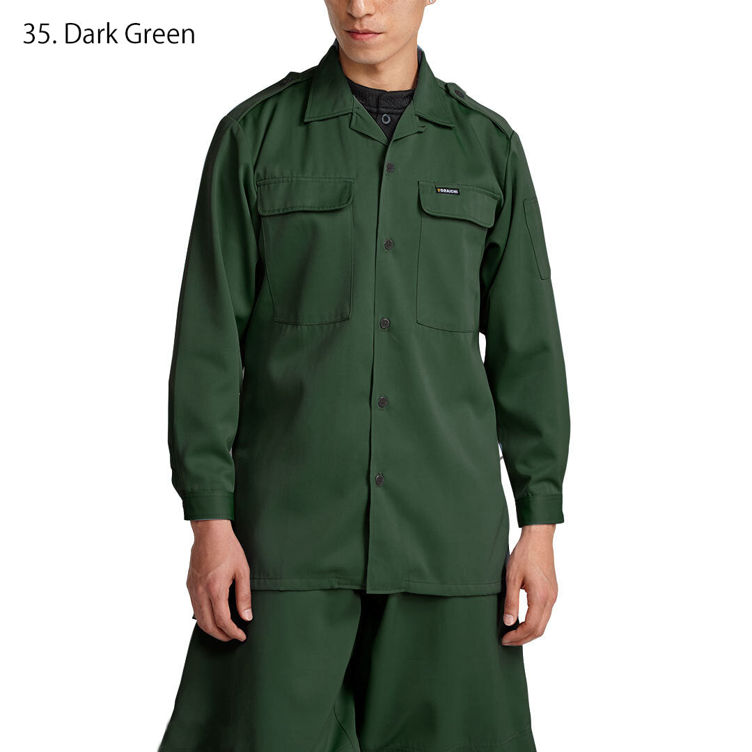 Front view of Toraichi tobi shirt in dark green Japanese workwear style with long silhouette