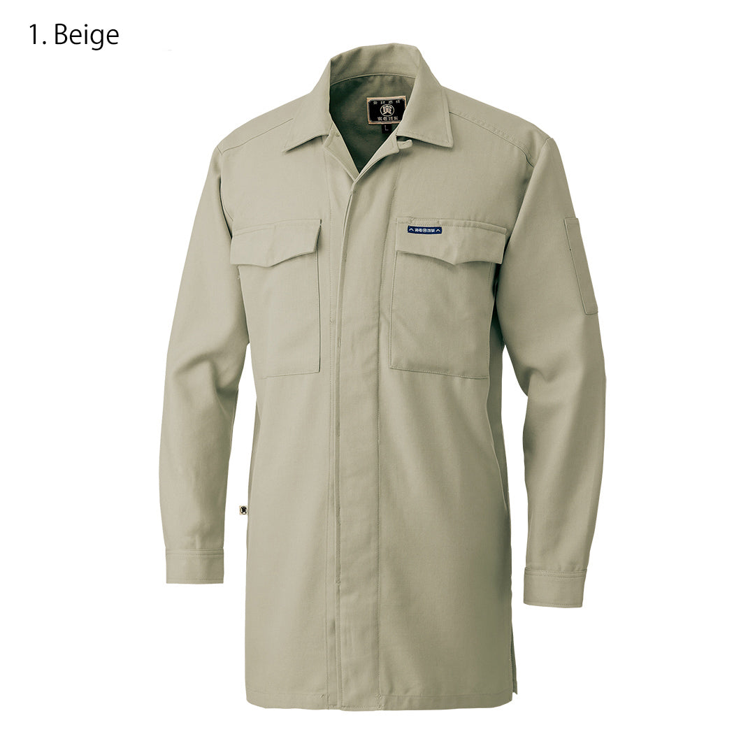 Front view of beige Toraichi 8020-143 hiyoku fly-front open shirt showing full length and dual chest pockets