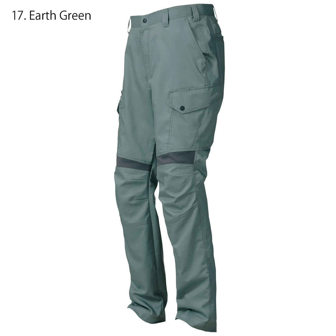 Olive tone of the Toraichi Japanese workwear pants showing subtle tonal stitching and workwear label detail.