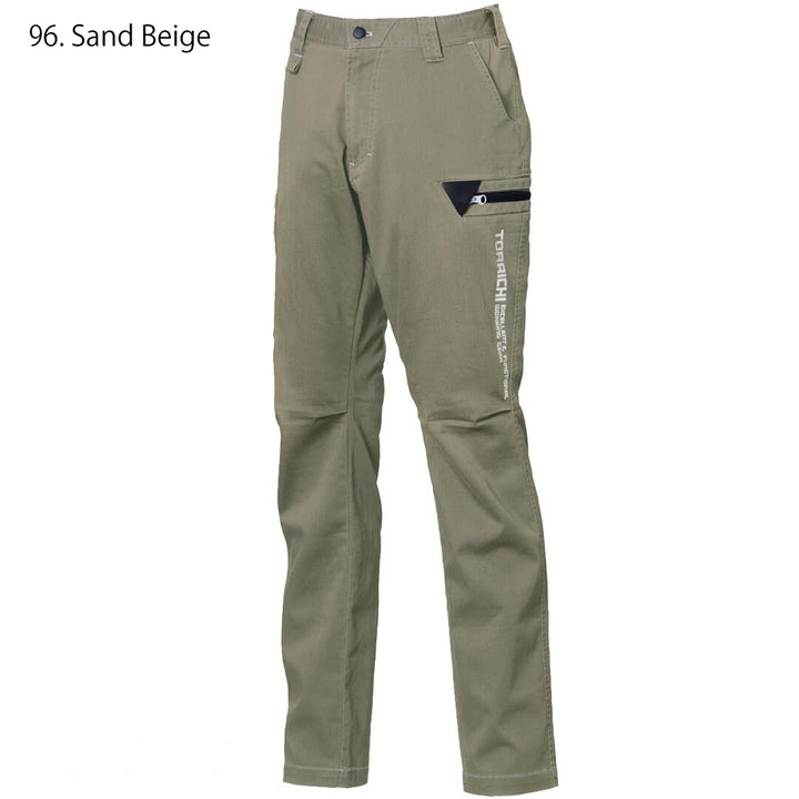 Close-up of the Toraichi Japanese workwear cargo pocket with bold printed logo detailing and durable stitch reinforcement.