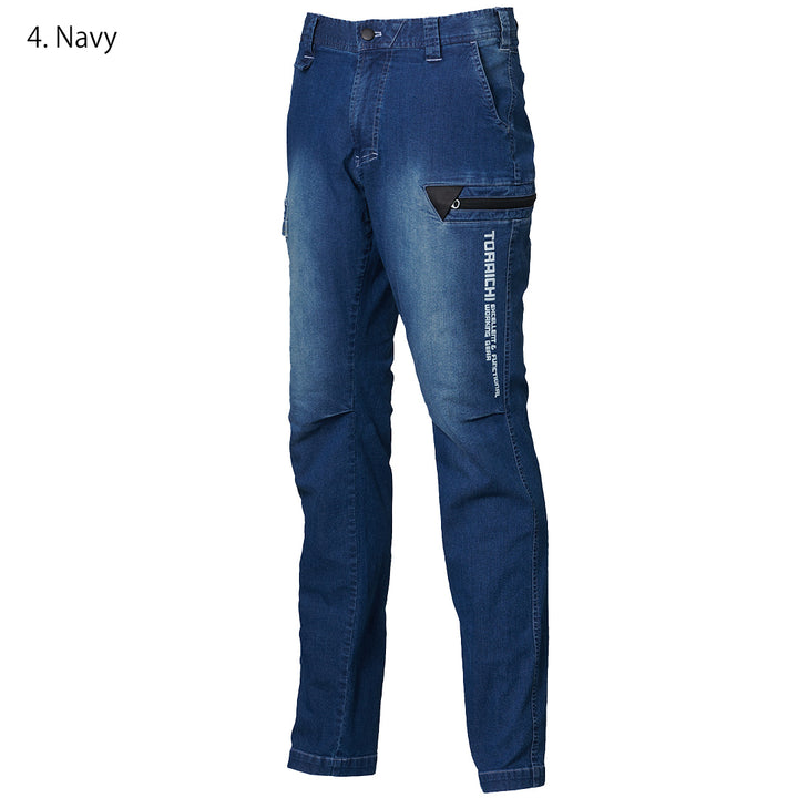 The Toraichi Japanese workwear stretch cargo pants in navy denim, showing a slim ergonomic silhouette with articulated knees and a durable tobi workwear construction.