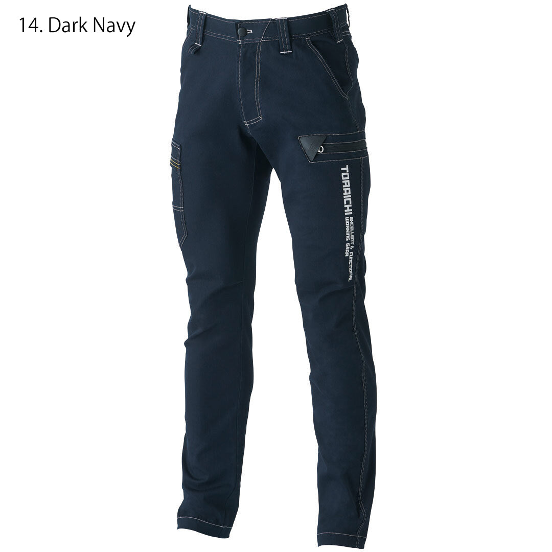 Rear view of the Toraichi Japanese workwear denim cargo trousers highlighting the reinforced seams and contoured waistband for comfort and mobility.