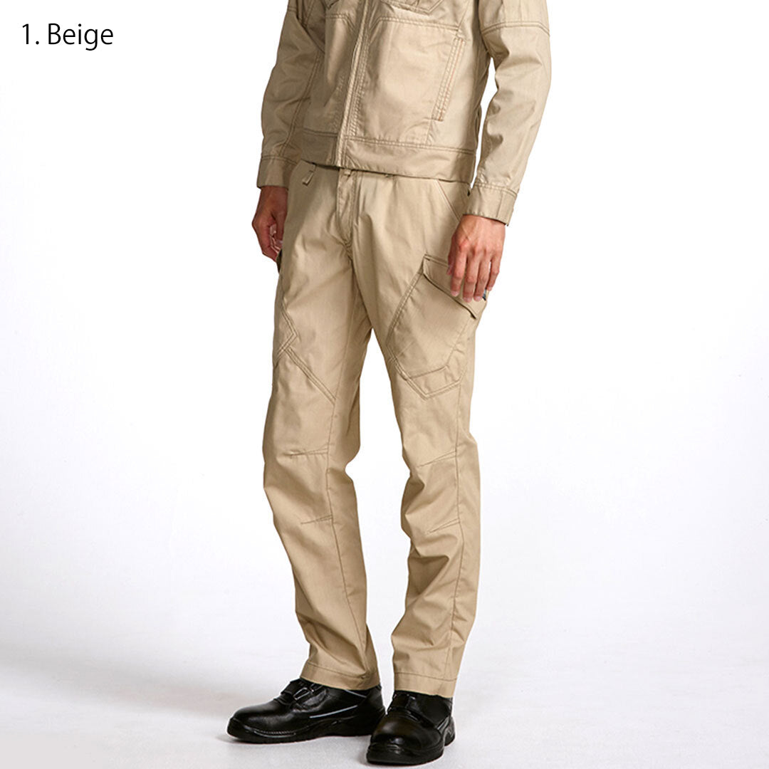 The Toraichi Japanese workwear 5071-219 cargo pants in beige showing a clean straight-leg silhouette and lightweight melange lip fabric.