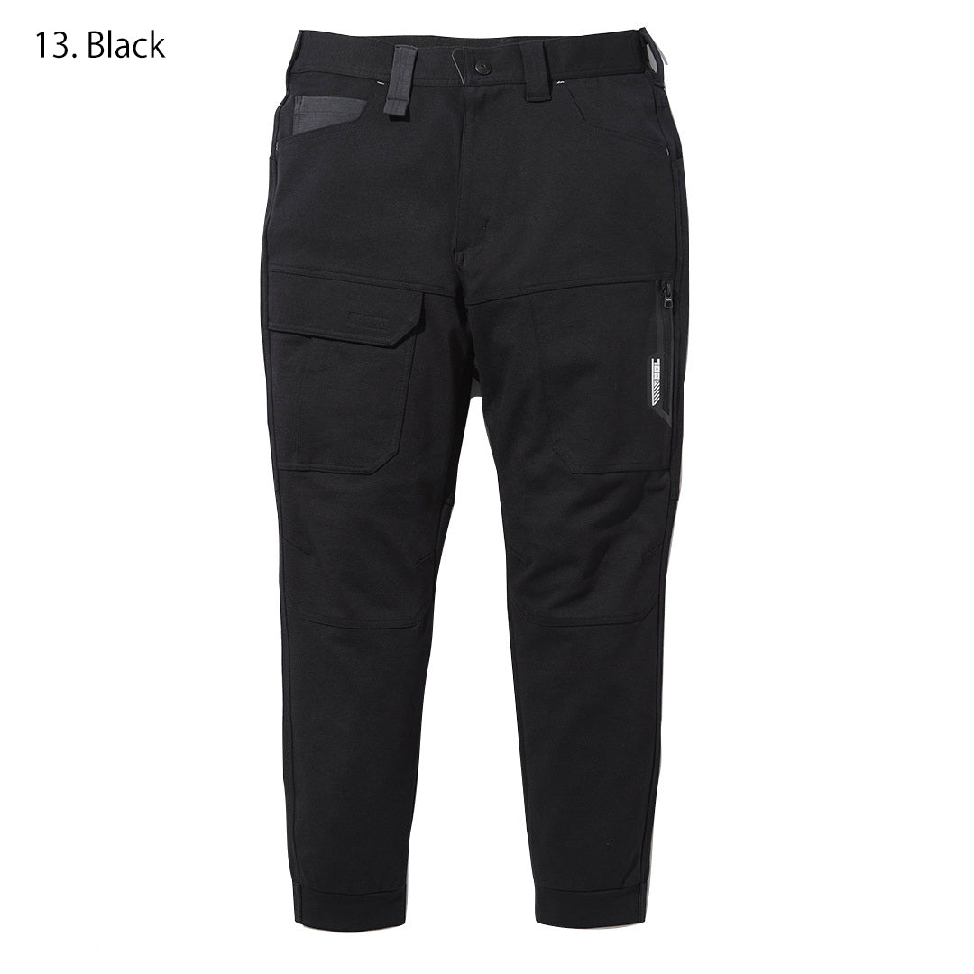 Side profile of the Toraichi Japanese workwear jogger pants displaying the articulated knees and compact cargo pockets for mobility.