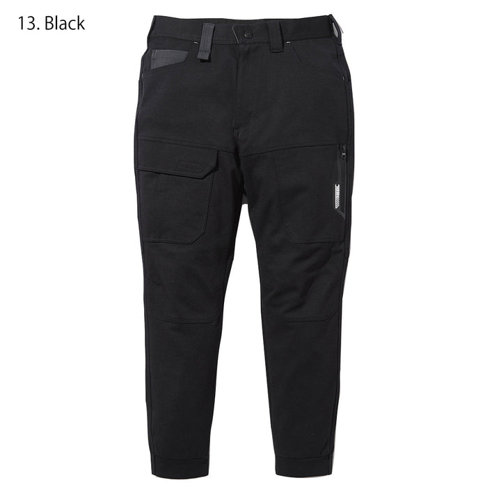 Side profile of the Toraichi Japanese workwear jogger pants displaying the articulated knees and compact cargo pockets for mobility.