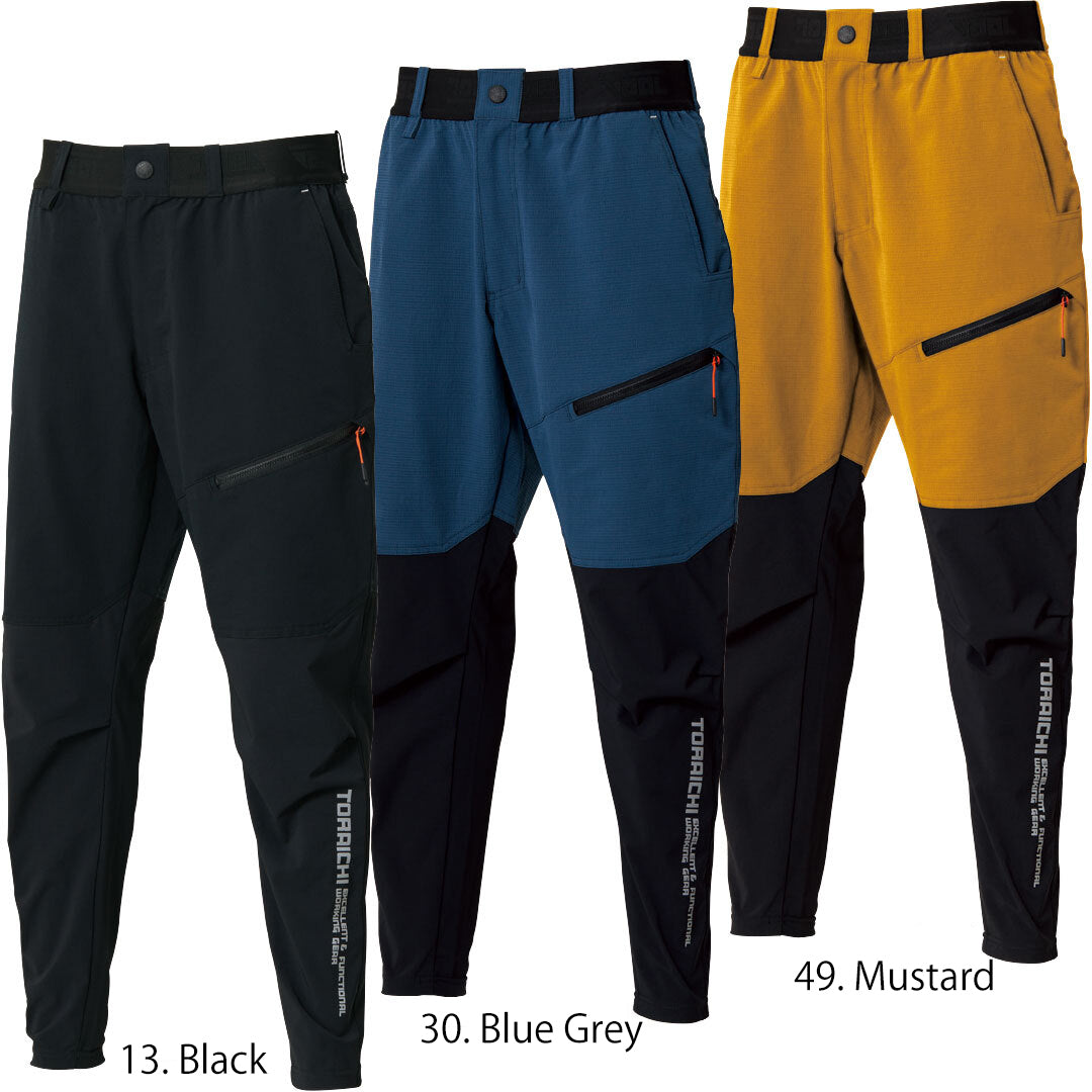 The Toraichi Japanese workwear hybrid jogger pants in black featuring lightweight stretch panels and breathable mesh for mobility and comfort.