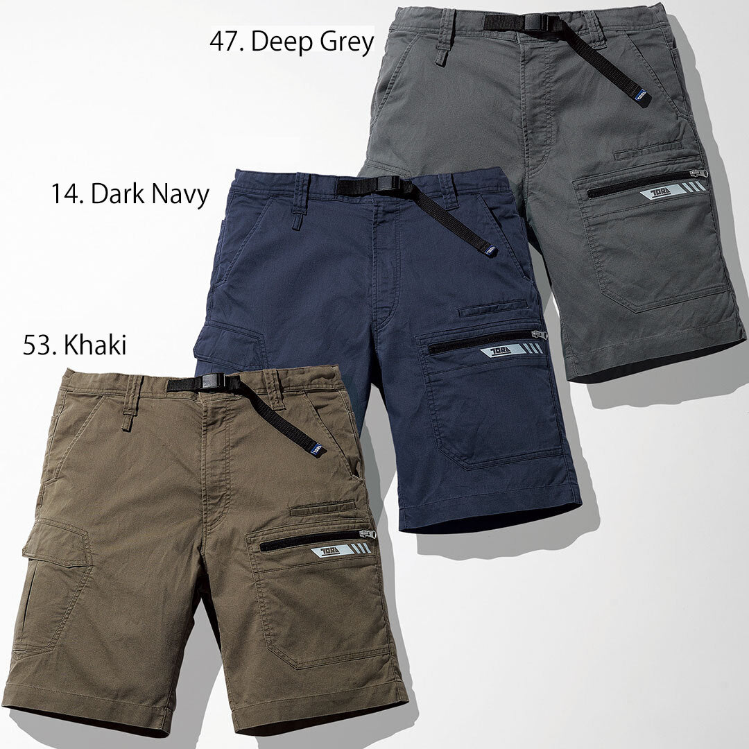 The Toraichi Japanese workwear cargo half pants in dark navy, khaki, and deep grey showing a clean mid-length silhouette and functional cargo pocket design.