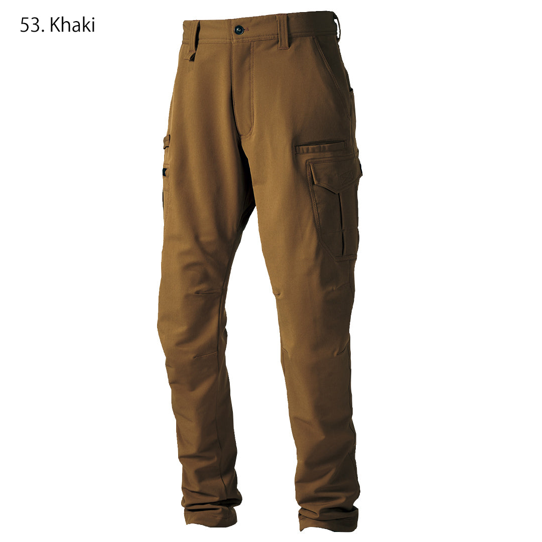 The Toraichi Japanese workwear 3710-219 cargo pants in khaki showing a modern slim-straight fit and ergonomic pocket design.