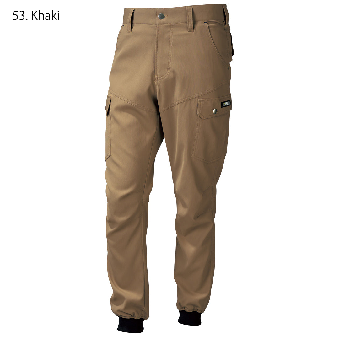 The Toraichi Japanese workwear cargo jogger pants in khaki showing a modern tapered fit and elastic cuffs for active movement.