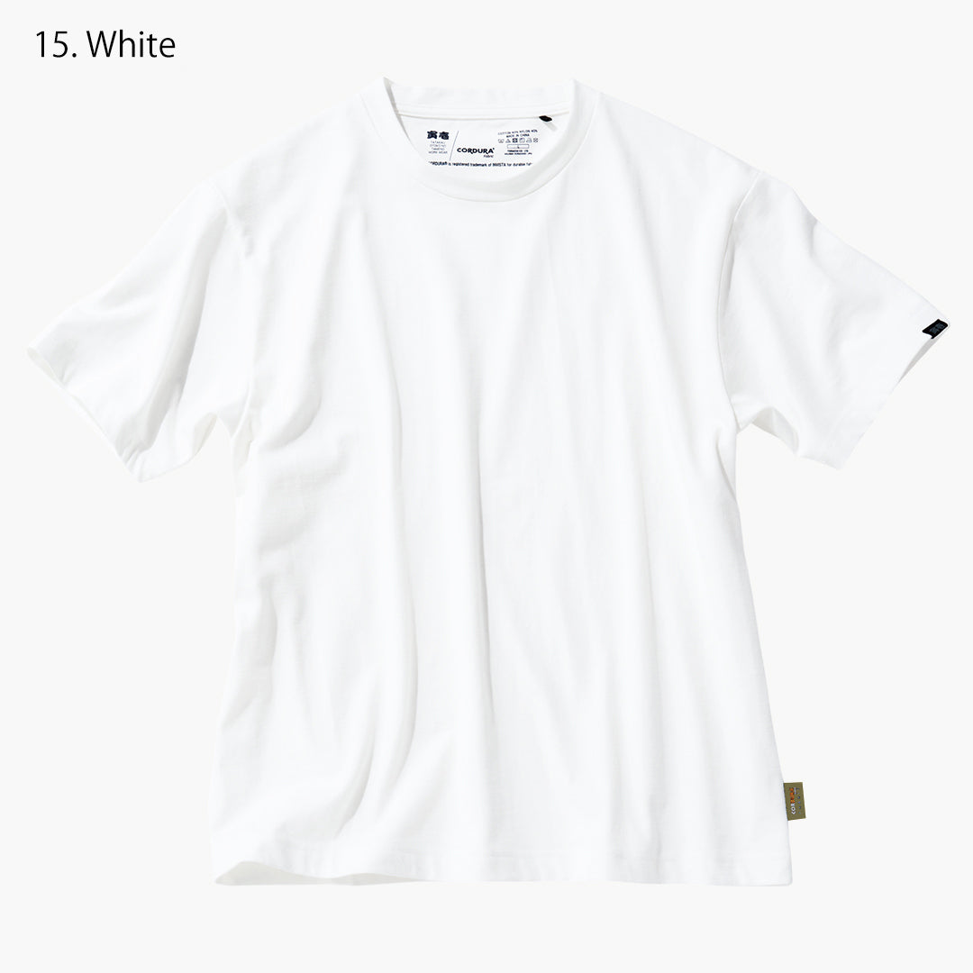 The Toraichi Japanese workwear 9523-618 short-sleeved crew neck T-shirt in white showing a clean minimalist silhouette and soft Cordura-blend fabric.