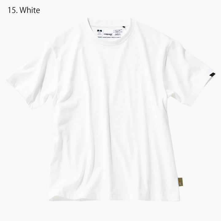 The Toraichi Japanese workwear 9523-618 short-sleeved crew neck T-shirt in white showing a clean minimalist silhouette and soft Cordura-blend fabric.